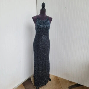 VTG Cache 100% Silk Evening Gown Maxi Dress Pageant Beaded Black Strap Long Sz M